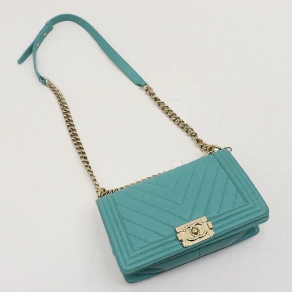 Chanel Caviar Chevron Quilted Medium Boy Flap Shoulder Bag - Turquoise - Picture 5 of 15